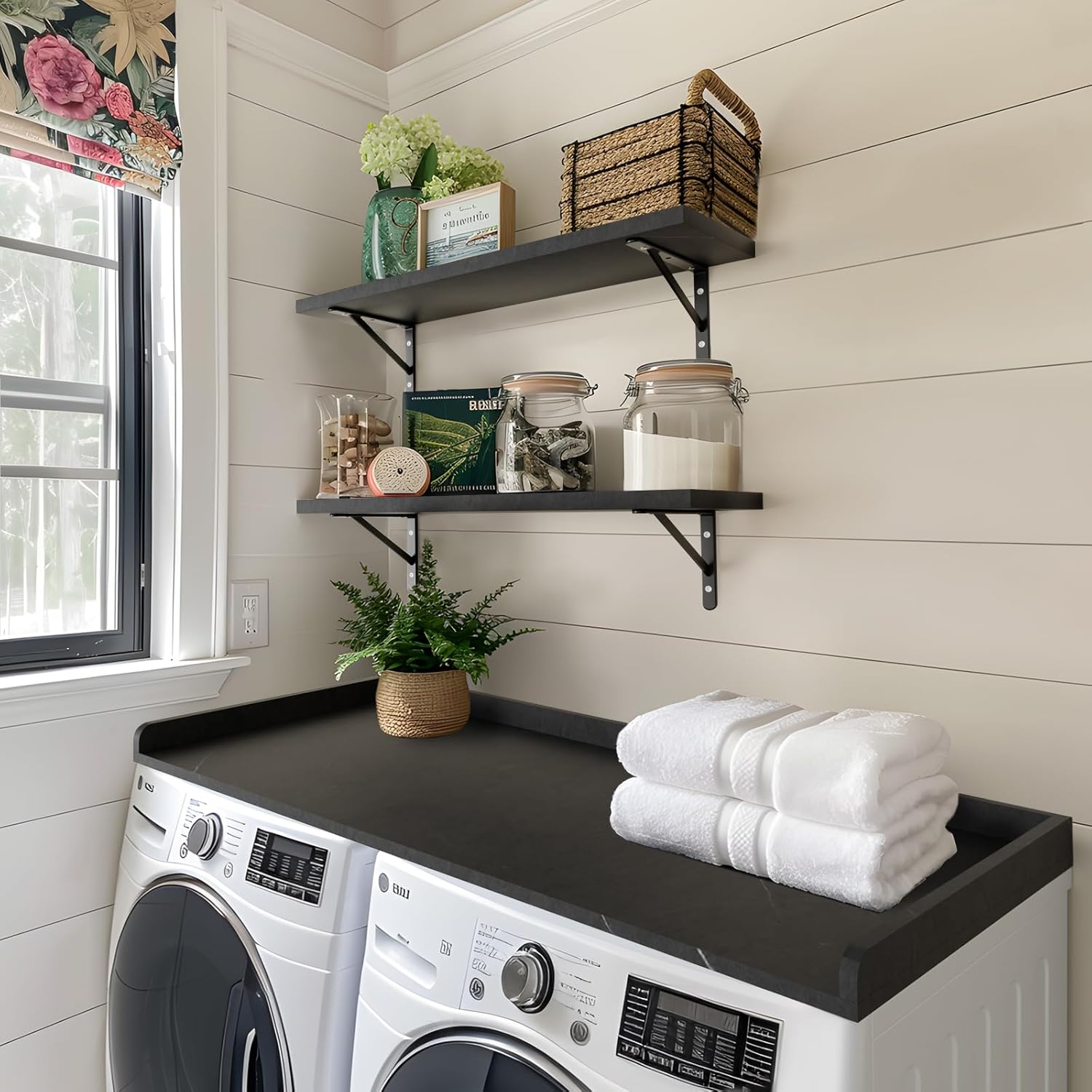 Kaboon Washer Dryer Countertop, Melamine Countertop with Edge Rails - 27.5" Depth x 54" Width Laundry Room Organization, Cloud Atlas/Black Marble Pattern