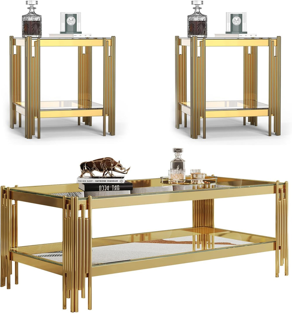 3 Pieces Coffee Table Set, Tempered Glass Living Room Table Set of 3, Modern ...