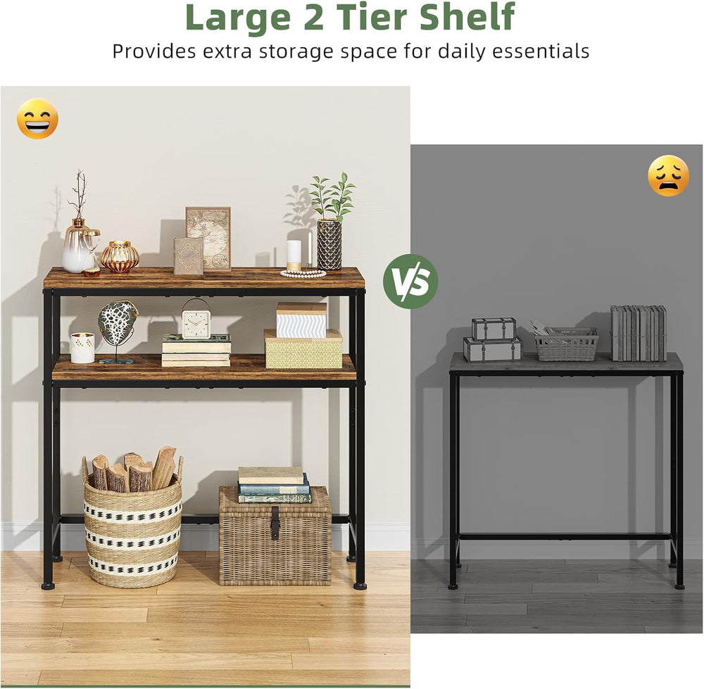 Simple Trending Console Table, 2-Tier Narrow Sofa Table, Rustic Brown | Entry...