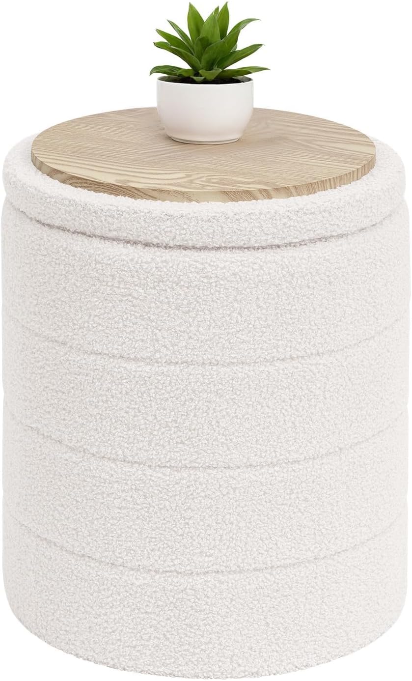 B FSOBEIIALEO Ottoman with Stroage, Round Sherpa Storage Ottoman Stool, Boucl...