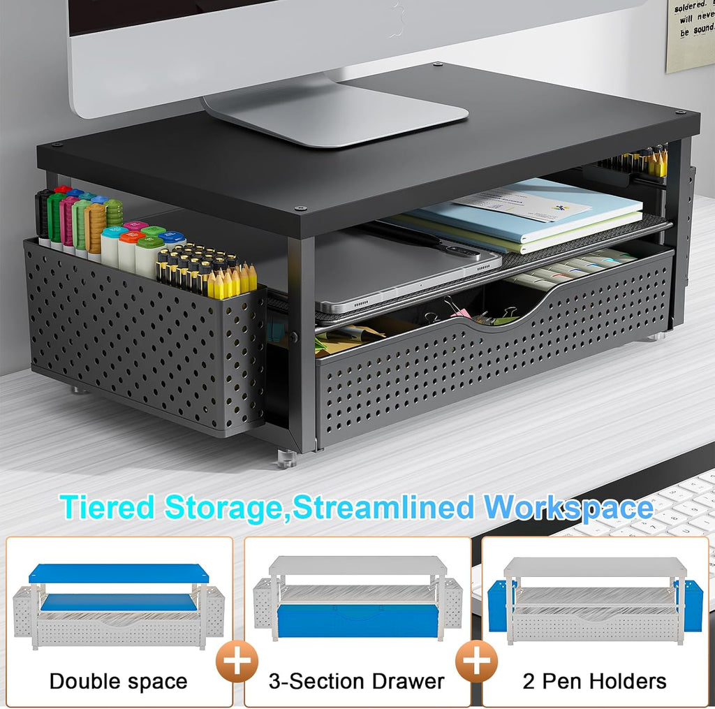 gianotter Wood Monitor Stand Riser, Office Desk Shelf Organizer, Desk Organizer with Drawer and Pen Holder, 2-Tier Computer Stand, Office Organization (Ink)