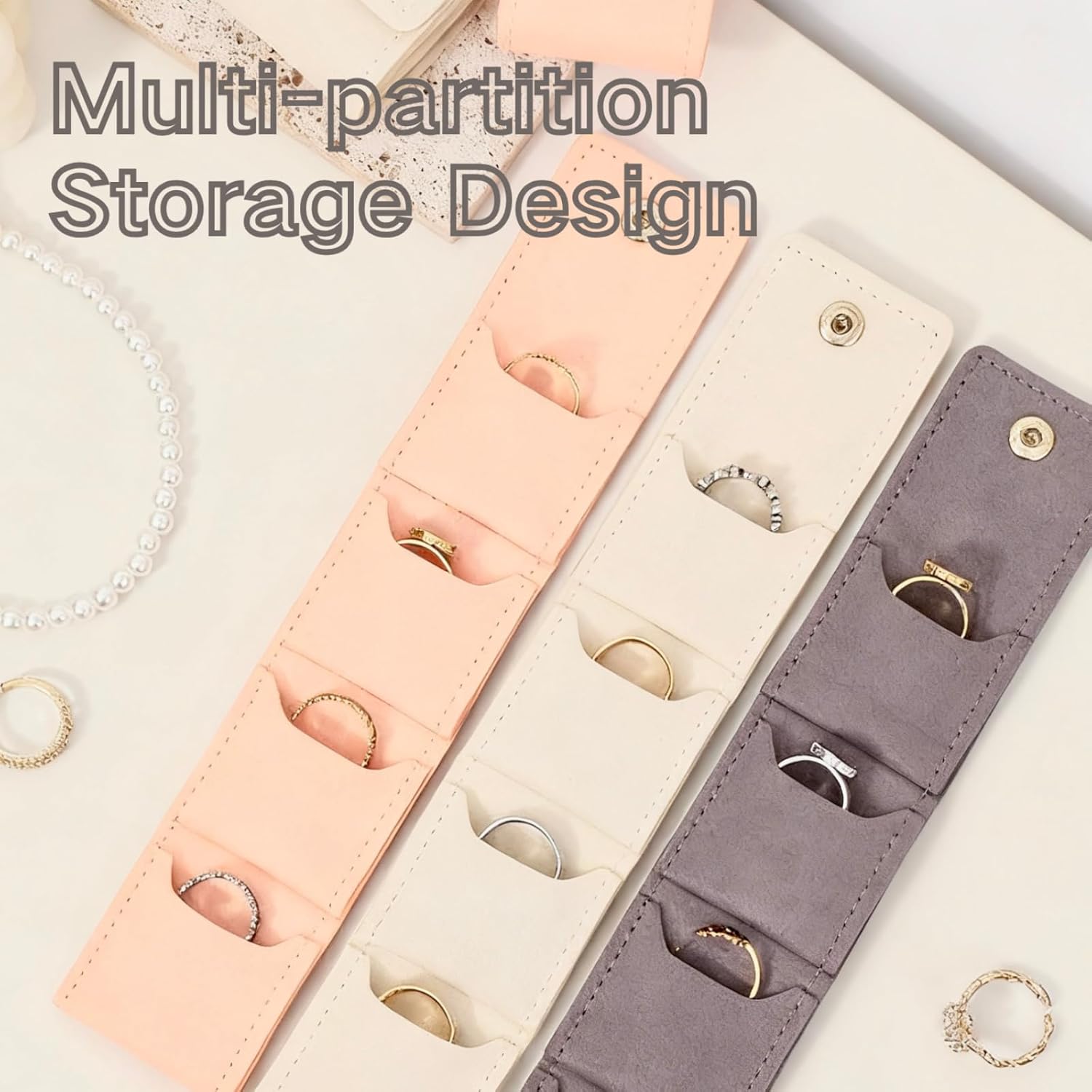 Mini Travel Jewelry Bag,Mini Jewelry Pouch,Protable travel Jewelry Storage Organizer Case,Small Jewelry Storage Roll with Buckle for Earrings,Rings,Necklaces (Pink+Gray+Off-white, 3Pcs)
