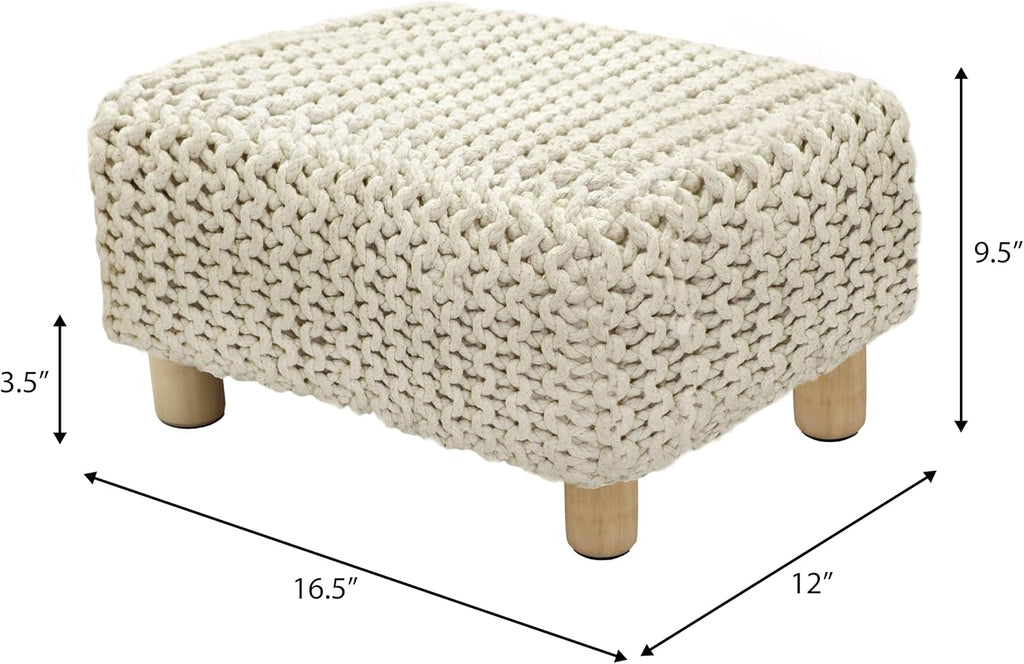 COTTON CRAFT Braided Footrest - Handknitted Dori Foot Stool with Sturdy Wood Legs – Handmade Boho Leg Rest - Small Spaces Under Desk Living Room Entryway Low Footstool Pouf - 16.5x12x9.5 - Ivory