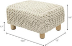 COTTON CRAFT Braided Footrest - Handknitted Dori Foot Stool with Sturdy Wood Legs – Handmade Boho Leg Rest - Small Spaces Under Desk Living Room Entryway Low Footstool Pouf - 16.5x12x9.5 - Ivory