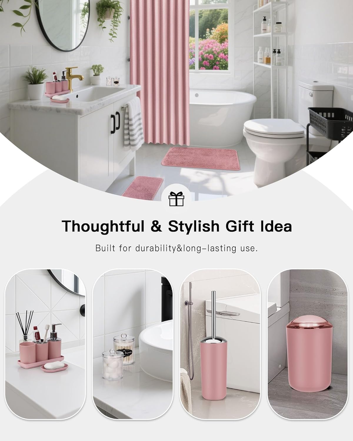 IMAVO Pink Bathroom Accessories,Non Slip Super Absorbent Rugs and Waterproof Shower Curtain with Hooks,Complete Bathroom Set for Bathroom Décor
