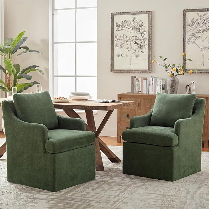 VKNOW Upholstered Dining Chairs Set of 4, Modern Kitchen Chairs Dinner Chairs with 4 Casters, Chenille Armchair for Bedroom Reading Room Living Room, Green
