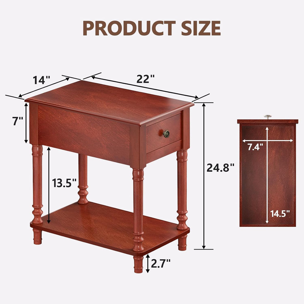 ROOMTEC Solid Wood End Table with Drawer and Shelf, Narrow Side Table Living ...