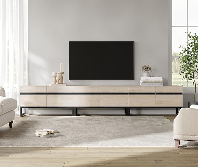 WAMPAT 3-in-1 Modern TV Stand for Up to 110 Inch TVs, Large Wood Entertainment Center Media Console with Storage Cabinets and Metal Base for Living Room, Light Oak
