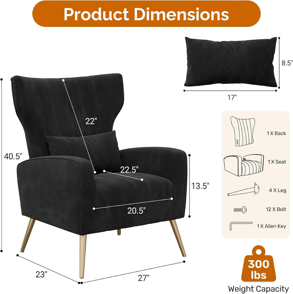 Luxanimarion Velvet Accent Chair Wingback for Living Room, High Back Arm Chair with Golden Legs Lumbar Pillow, Upholstered Single Sofa Bedroom Black