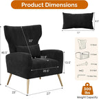 Luxanimarion Velvet Accent Chair Wingback for Living Room, High Back Arm Chair with Golden Legs Lumbar Pillow, Upholstered Single Sofa Bedroom Black