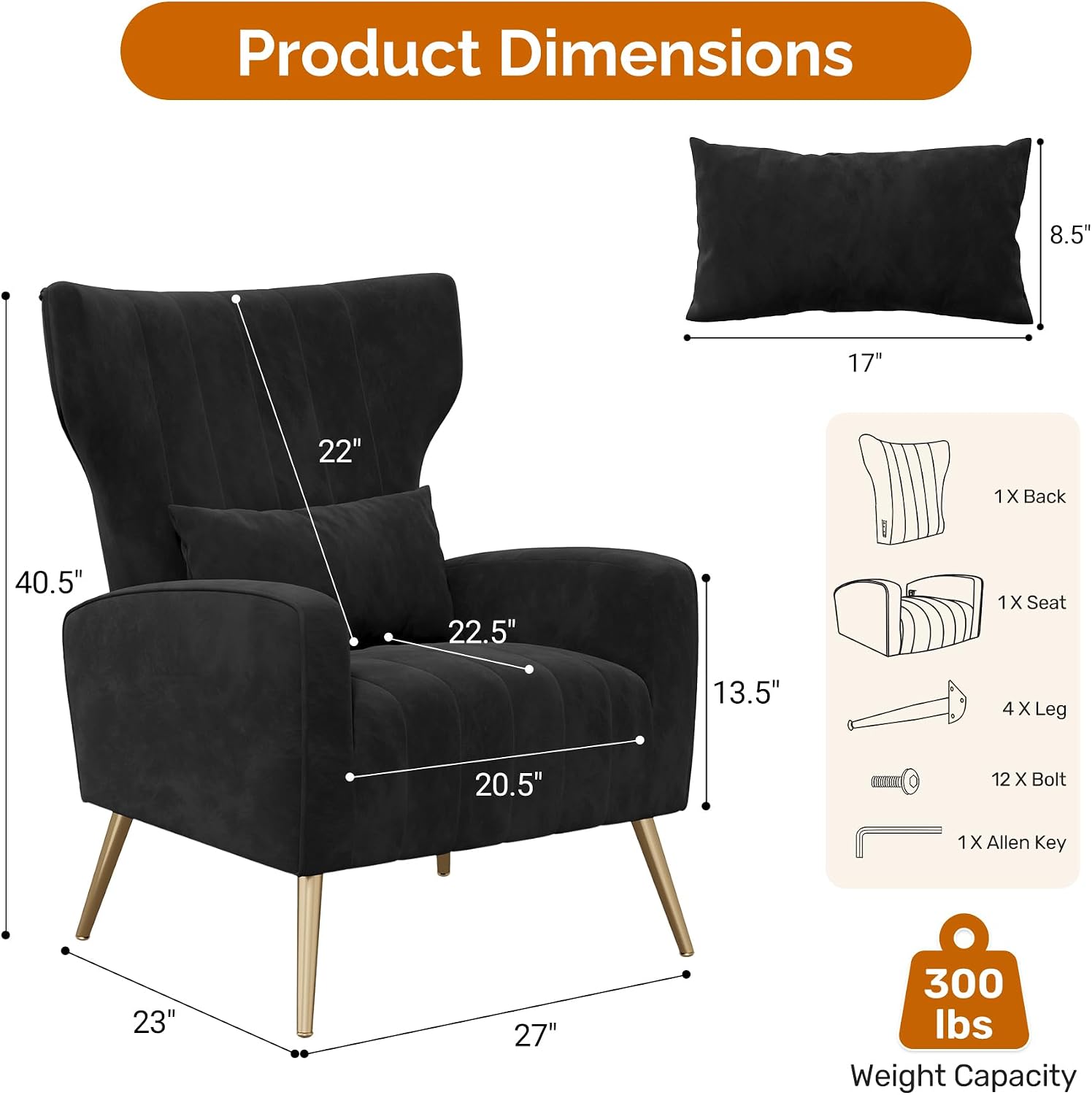 Luxanimarion Velvet Accent Chair Wingback for Living Room, High Back Arm Chair with Golden Legs Lumbar Pillow, Upholstered Single Sofa Bedroom Black