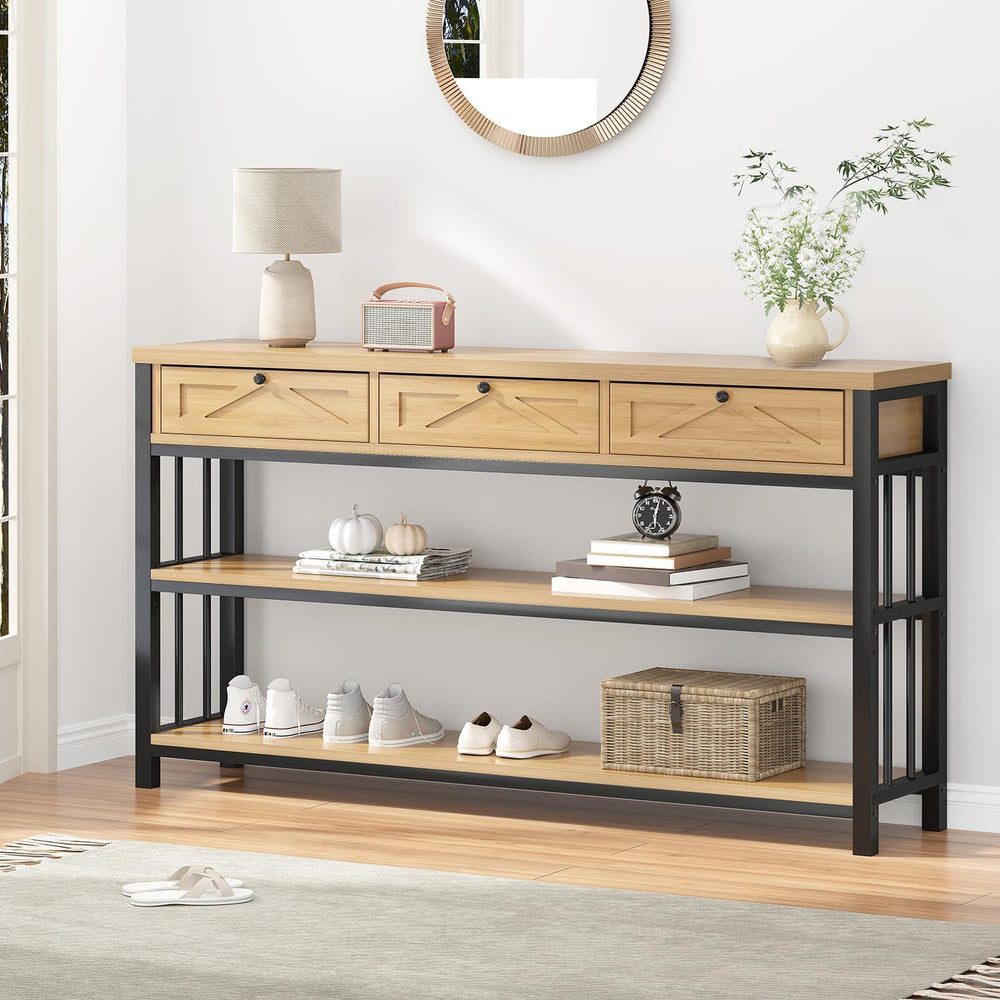 HSH Sofa Table with Storage, 55” Wood Entryway Table with 3 Drawers, 3 Tier C...