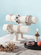 T-Bar Bracelet Holder Stand, Bracelet Jewelry Organizer Stand, Bangle Bracelet Watch Display for Selling, Scrunchie Hair Ties Jewelry Storage Rack for Women (2 tier beige)