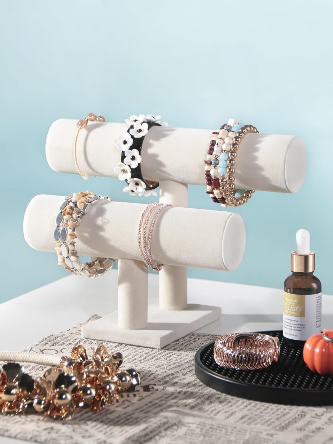 T-Bar Bracelet Holder Stand, Bracelet Jewelry Organizer Stand, Bangle Bracelet Watch Display for Selling, Scrunchie Hair Ties Jewelry Storage Rack for Women (2 tier beige)
