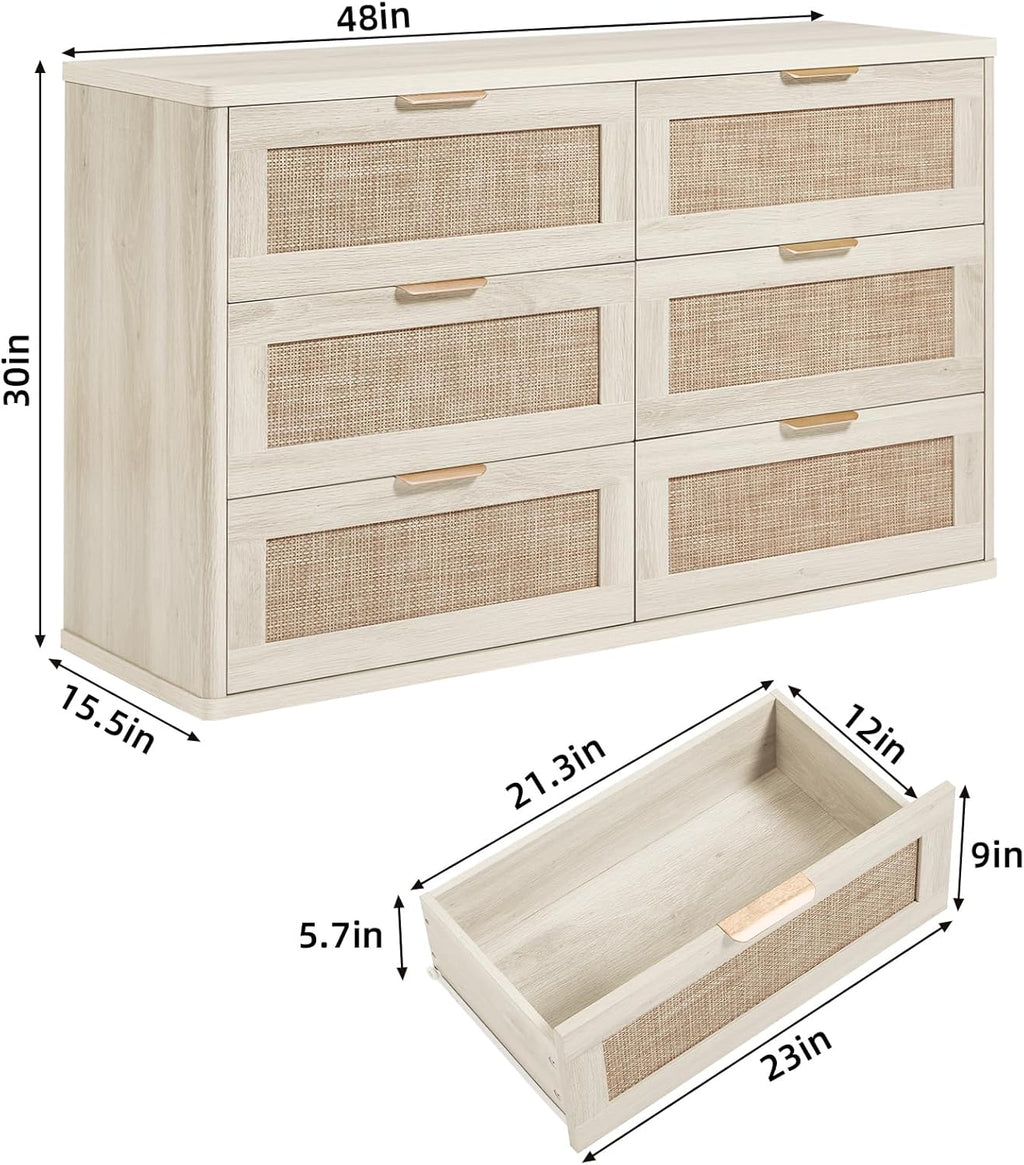 LEYAOYAO Rattan 6 Drawer Dresser for Bedroom, Boho 48" Wide White Dresser Chest of Drawers, Dressers TV Stand with Metal Handle, Storage Dressers Closet Organizer for Living Room, Hallway