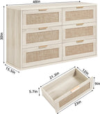 LEYAOYAO Rattan 6 Drawer Dresser for Bedroom, Boho 48" Wide White Dresser Chest of Drawers, Dressers TV Stand with Metal Handle, Storage Dressers Closet Organizer for Living Room, Hallway