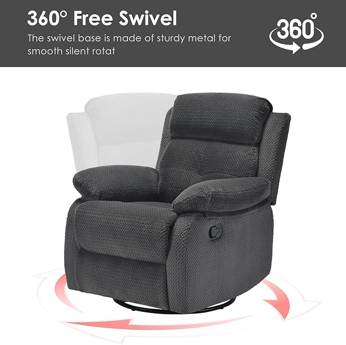 Swivel Rocker Recliner with 360 Degree Swivel, Small Recliners with 30 Degree, 90-150 Degree Angle, Lift Chair for Home Theater Seating, Adults, Living Room, Bedroom, Nursery, Dark Gray