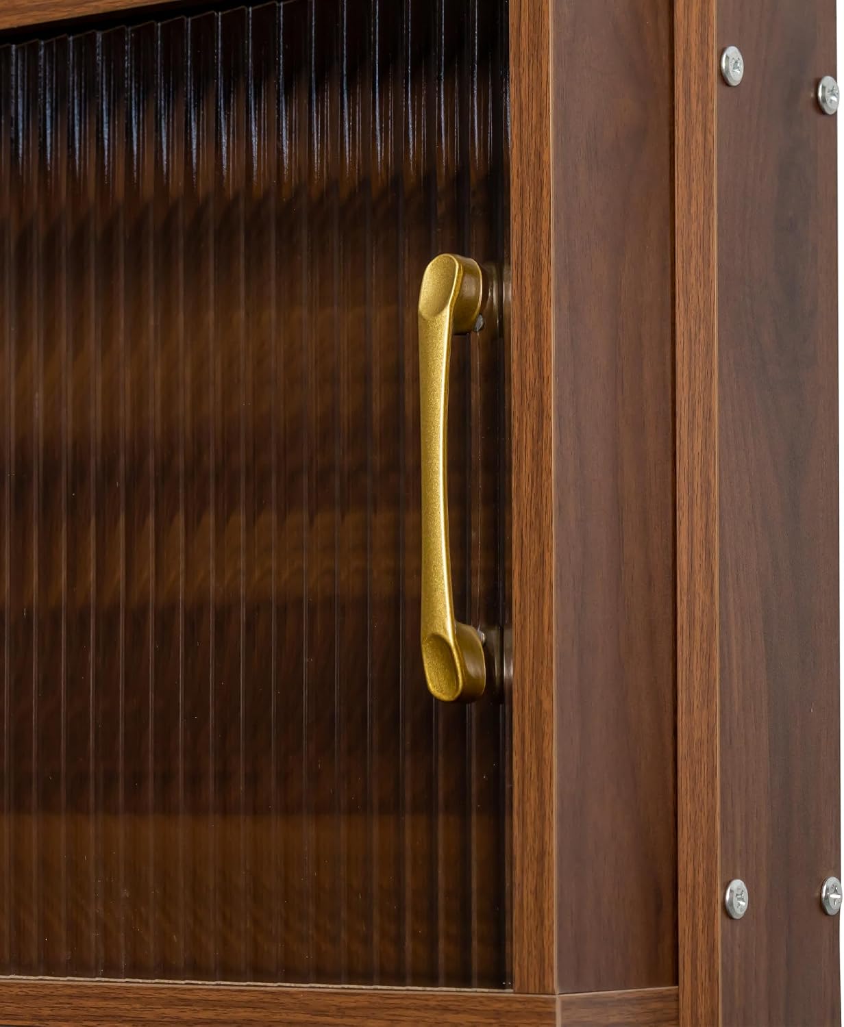 71" Kitchen Hutch Cabinet with Storage Pantry Storage Cabinet with Striped Glass Doors, Pegboard, Open Shelf and Countertop, Cupboard for Kitchen Dining Room, Walnut