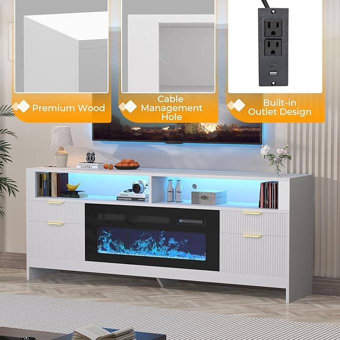 70” Fireplace TV Stand with 36” Electric Fireplace, Electric Fireplace TV Stand for Living Room with LED Lights, Modern TV Console Cabinet & Media Entertainment Center with Fireplace (White)