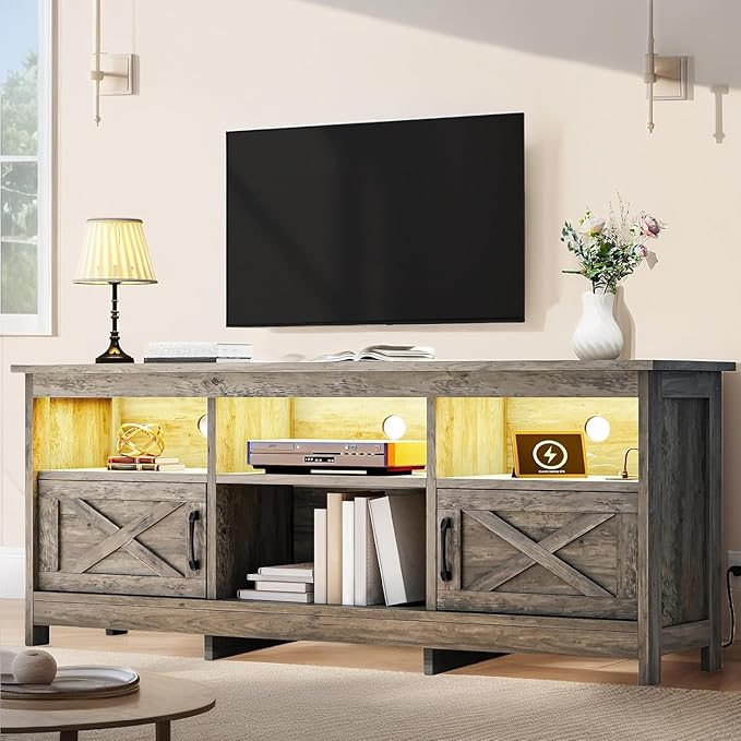 YITAHOME TV Stand for 65 Inch TVs, Entertainment Center with Storage Cabinets, Power Outlet & LED Light, Media Console Living Room Furniture, Washed Gray
