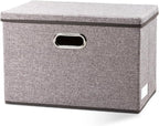 PRANDOM Large Foldable Storage Bin with Lid [1-Pack] Linen Fabric Decorative Storage Box Organizer Containers Basket Cube with Handles Divider for Bedroom Closet Office Living Room (17.7x11.8x11.8)