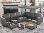 SITJOY 118" Faux Leather Modular Sectional Sofa with Storage, Mid Century Modern Sectional Couches for Living Room, 6 Seater V Shaped Couch with Chaise, Gray