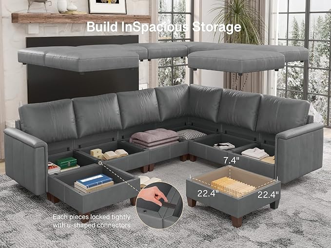 SITJOY 118" Faux Leather Modular Sectional Sofa with Storage, Mid Century Modern Sectional Couches for Living Room, 6 Seater V Shaped Couch with Chaise, Gray