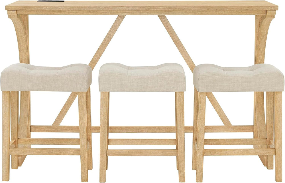 Merax 59 Inch Industrial Bar Table Set with Power Outlet, 3 Linen Upholstered...