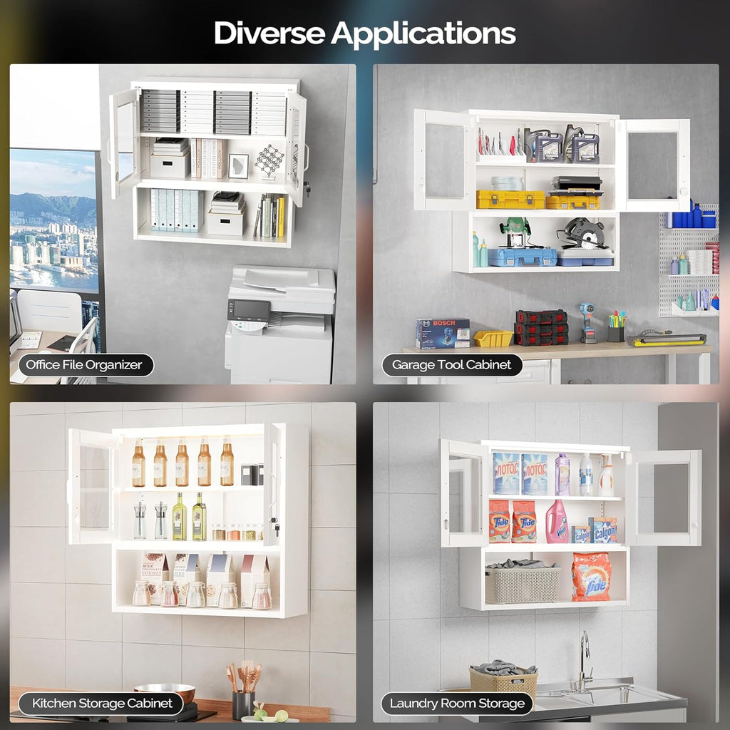 VINGLI Metal Wall Cabinet with Locking Glass Doors, Adjustable Shelf, Wall Mounted Storage Display Cabinets for Garage, Kitchen, Home Office, Warehouse, Living Room, White