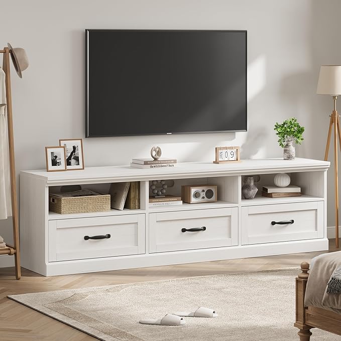 IDEALHOUSE 70in TV Stand for TVs up to 80", Mid Century Modern Entertainment Center with Storage Drawer and Open Shelves, TV Console Media Cabinet for Living Room, Bedroom, Vintage White