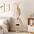 HOMEFORT Coat Rack, Coat Hanger Stand with 2 Shelves, Freestanding Hall Tree, Metal Hat Hanger with 12 Hooks for Clothes Hats and Scarves (Gold)