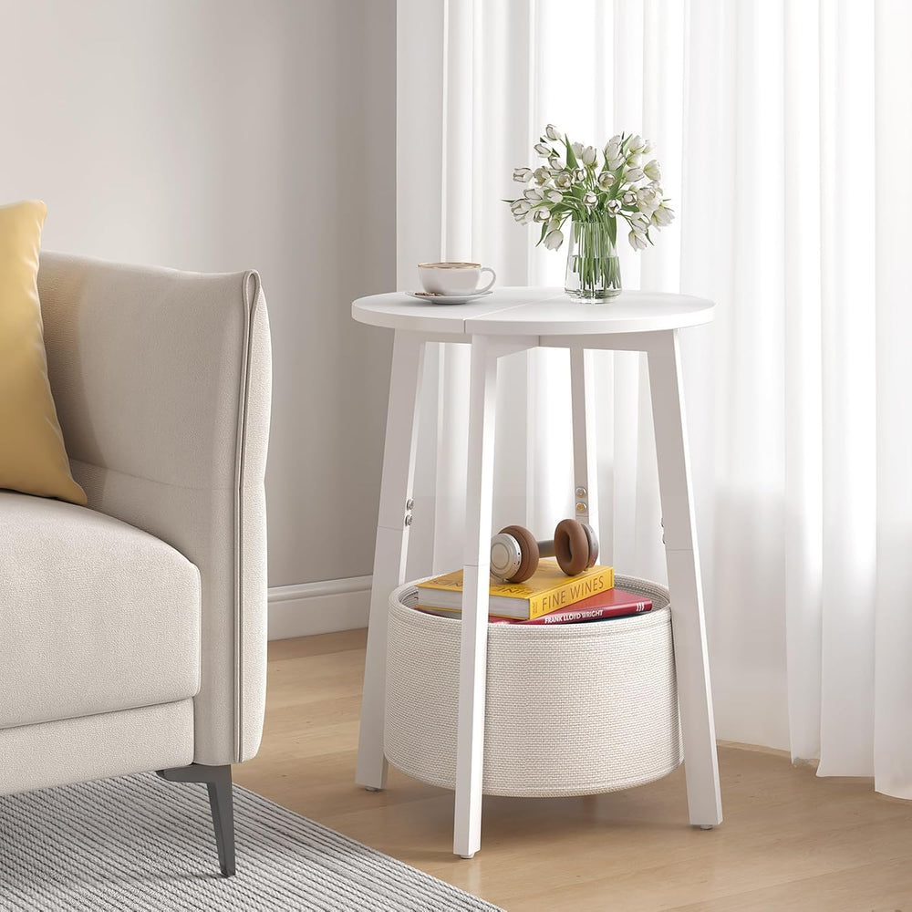 sthmec Small Round Side End Table with Cloth Storage Basket, Round Bedside So...