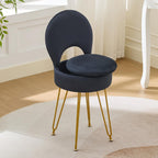 Velvet Black Small Vanity Chair & Stool - 13" Dx13 W Folding Back Storage Ottoman, Anti-Slip Golden V-Leg for Bedroom Makeup Room