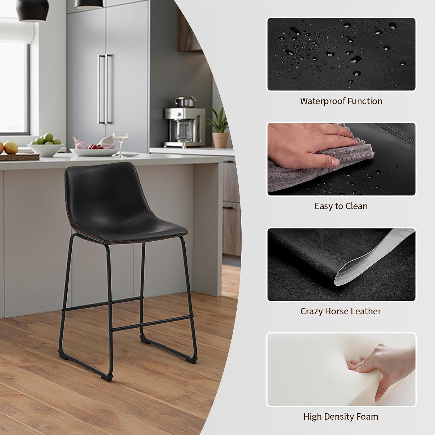 STOOLINK Counter Height Bar Stools Set of 2, 26 Inch Faux Leather Bar Stool | Bar Stools with Back, Bar Chairs, Modern, Kitchen Island, Metal Legs, Heavy Duty, Waterproof, Living Room, Black