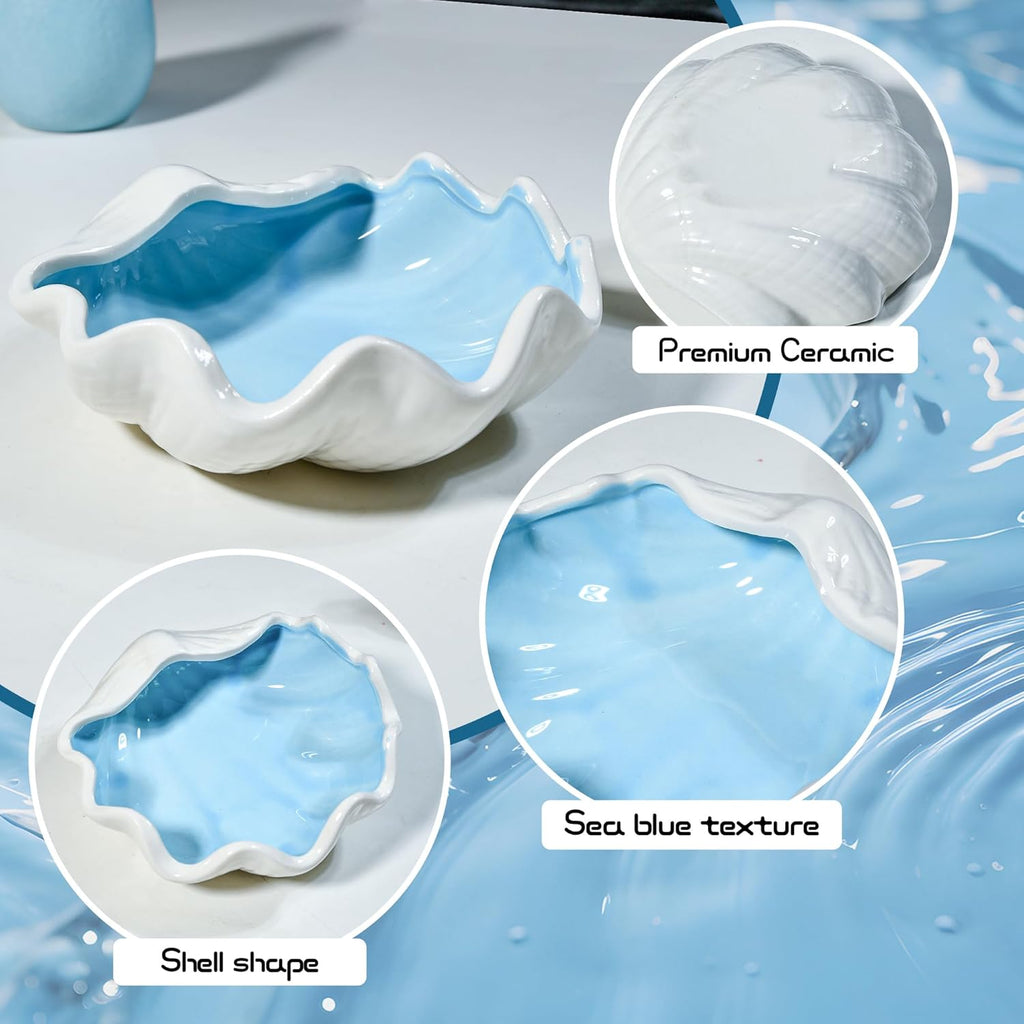 Seashell Ceramic Jewelry Trinket Tray, Blue White Decorative Ring Holder Dish for Rings Earrings Necklaces, Women’s Birthday Gift, Mother’s Day Present