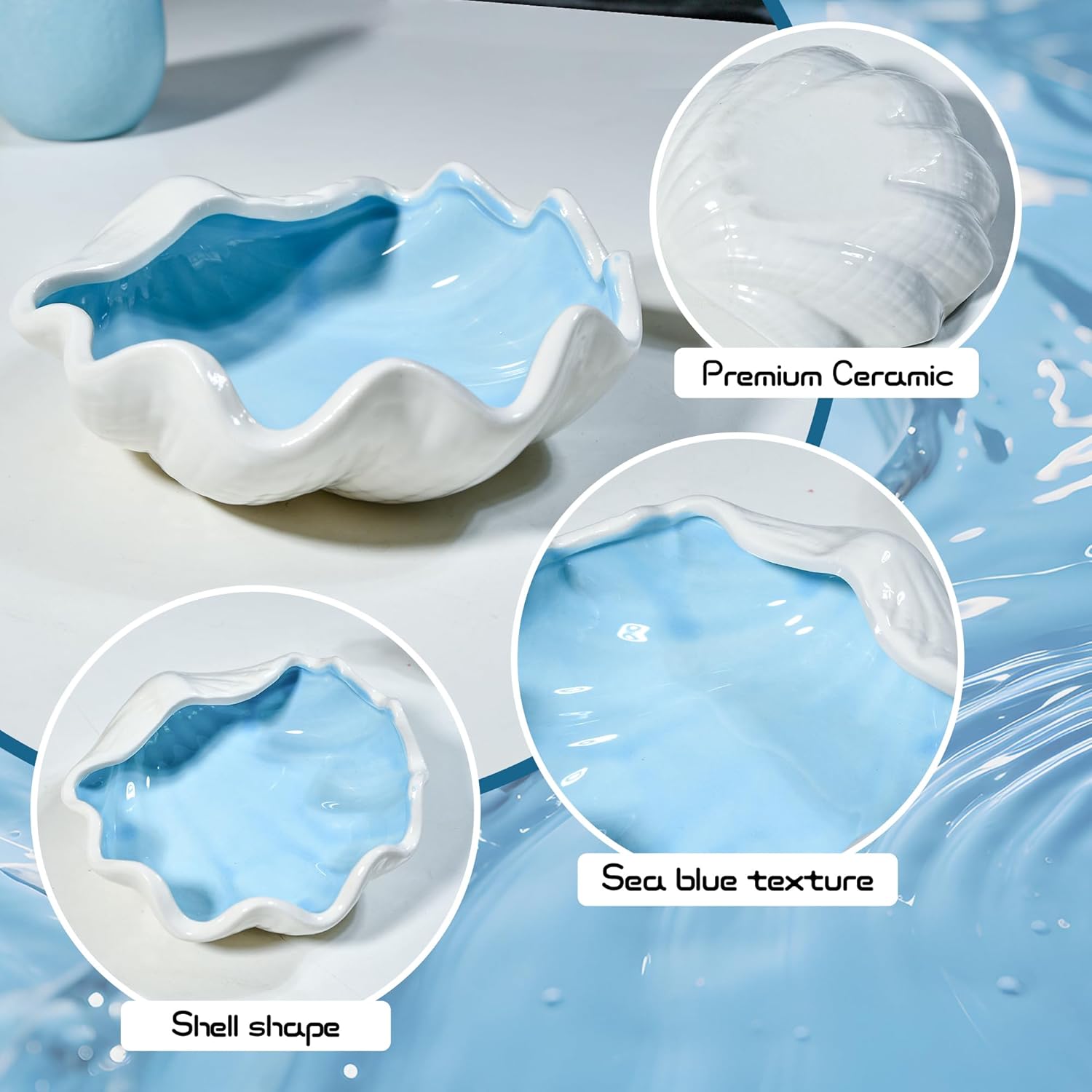 Seashell Ceramic Jewelry Trinket Tray, Blue White Decorative Ring Holder Dish for Rings Earrings Necklaces, Women’s Birthday Gift, Mother’s Day Present