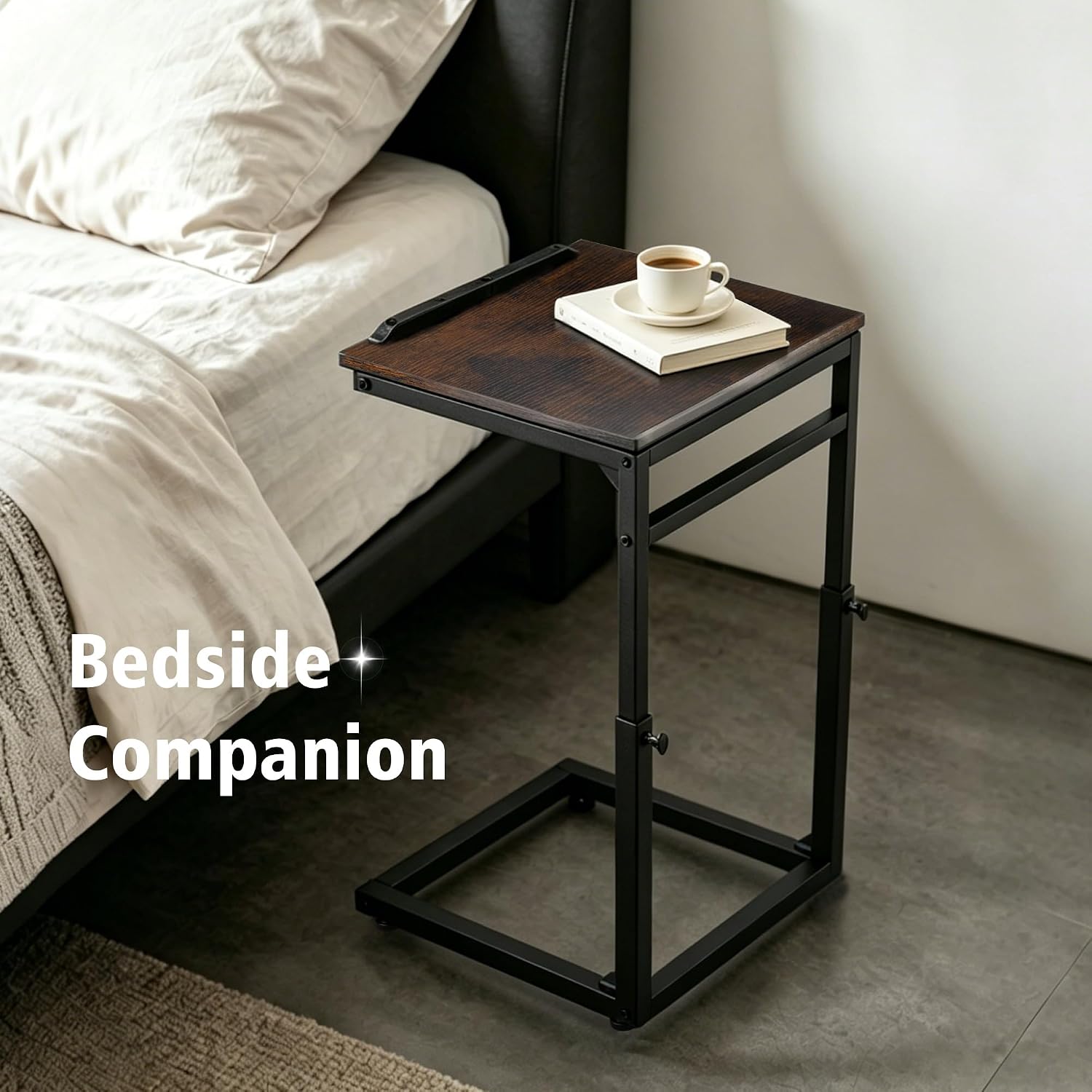 facka C Shaped TV Tray Table, Adjustable Height & 0-60° Tilt for Couch | C Table Sofa Side End Table with Stopper Ledge, Couch Table for Eating, Laptop, Reading & Small Spaces Brown