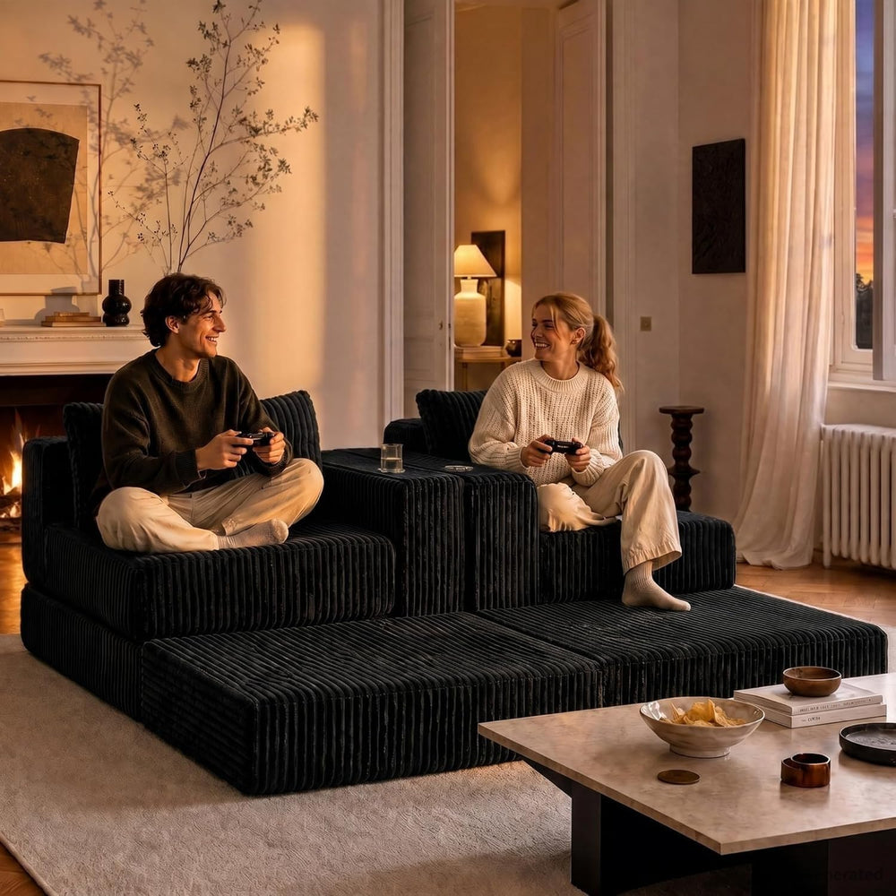 80.31“ Modular Sectional Cloud Couch, Loveseat with Ottoman, Black | Corduroy...