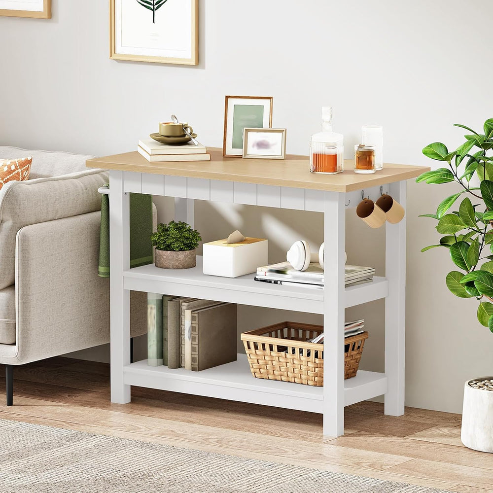 CHOEZON Kitchen Island with 3-Tier Storage and Hooks, White and Natural | 39....