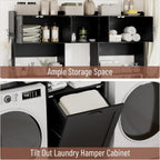 Over The Washer and Dryer Storage Cabinet, Laundry Room Organizer Standing Shelf with Tilt-Out Laundry Hamper Cabinet and Hooks, Space Saving Laundry Room Cabinets