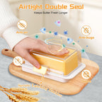 White Airtight Butter Dish with Lid for Countertop, Stylish Container with Cutter Knife, Large Capacity Stick Holder for East/West Coast Butter, Keeper&Tray Fit Refrigerator or Camping Use