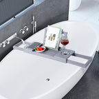 Utoplike Bathtub Tray Caddy Bamboo, Grey Bath Table for Tub Adjustable, Bathroom Organizer with Book Tablet Wine Glass Cup Towel Holder