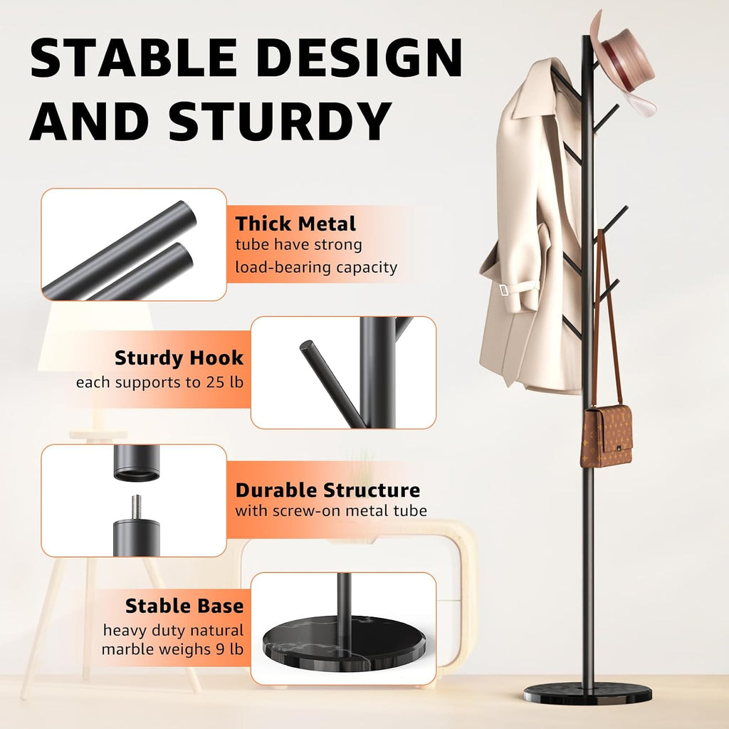 HzTinT Coat Rack with Natural Marble Base, Metal Freestanding Coat Rack with 8 Hooks, 3 Adjustable Size Sturdy Coat Tree for Bags, Coats, and Hats for Entryway, Hallway, Bedroom, Office, Black