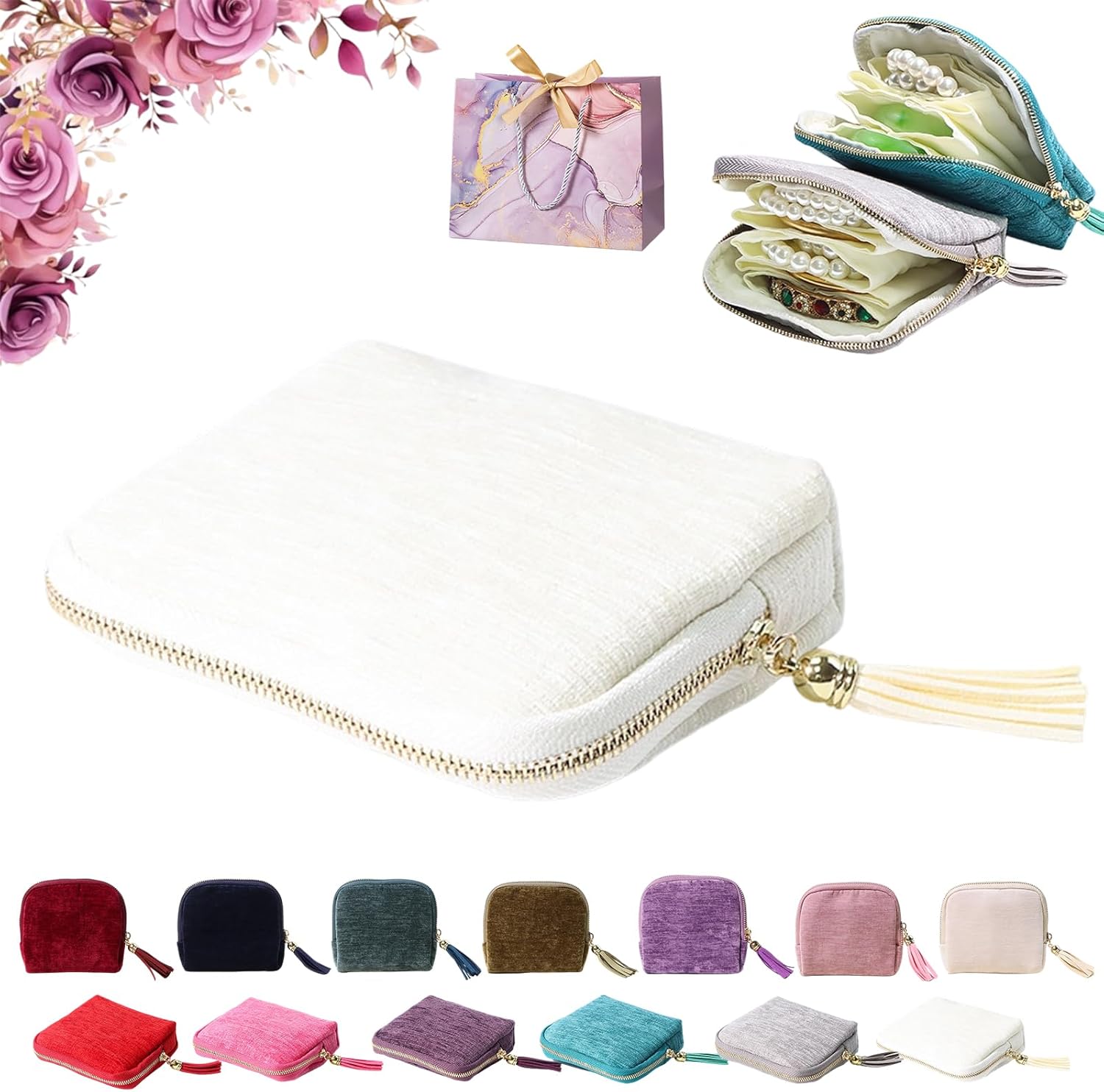 Travel Jewelry Case, Portable Jewelry Storage Bag, Compact Foldable Five Compartments Organizer Pouch with Zipper & Tassel for Earring Necklace Ring Bracelet (White)
