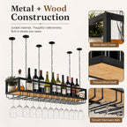 Ceiling Wine Glass Rack - Hanging Wine Rack with Glass Holder and Shelf, Height Adjustable Industrial Hanging Wine Bottle Holder, Black Metal Ceiling Shelf for Bar Cafe Kitchen (47.2×9.8×8.6in)
