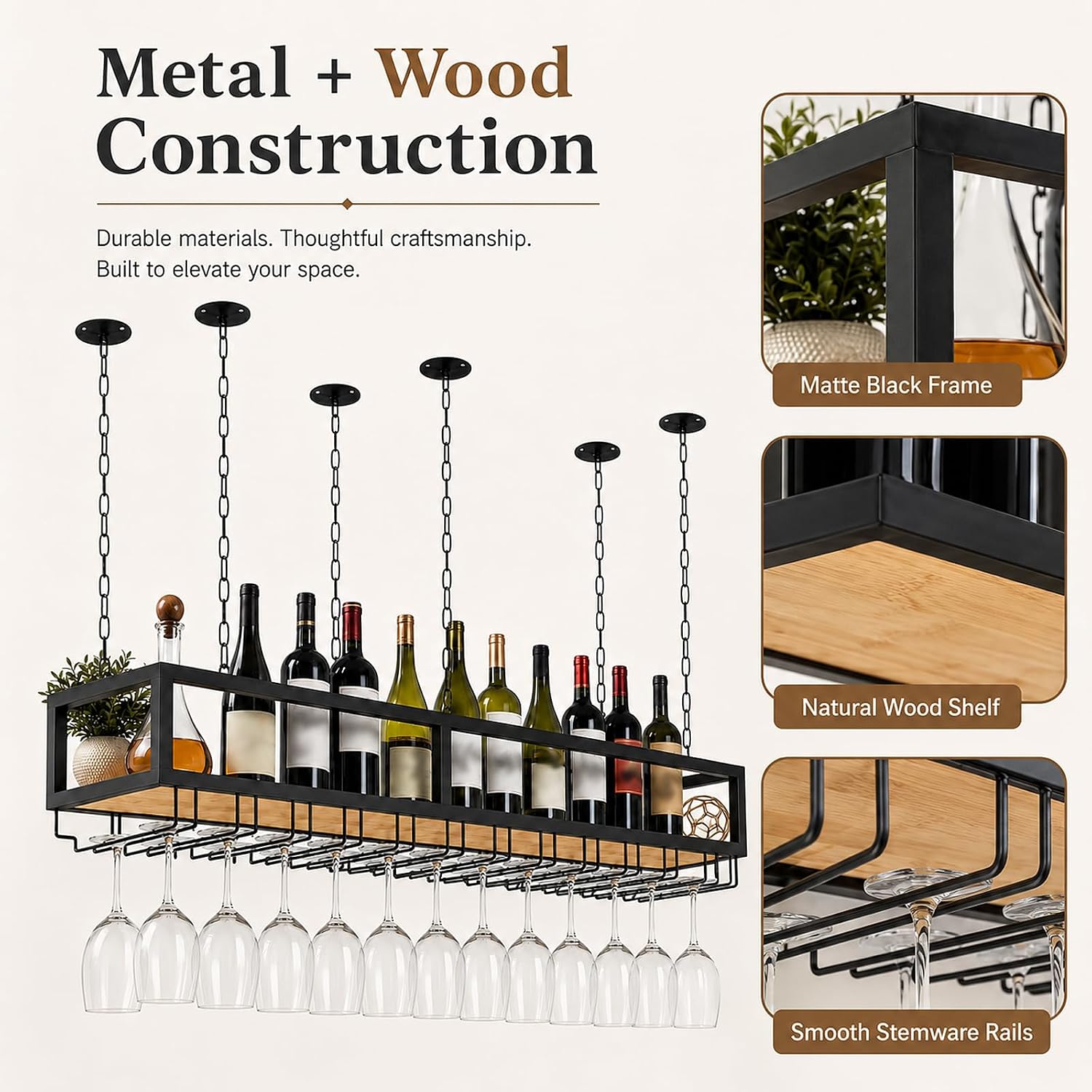 Ceiling Wine Glass Rack - Hanging Wine Rack with Glass Holder and Shelf, Height Adjustable Industrial Hanging Wine Bottle Holder, Black Metal Ceiling Shelf for Bar Cafe Kitchen (47.2×9.8×8.6in)