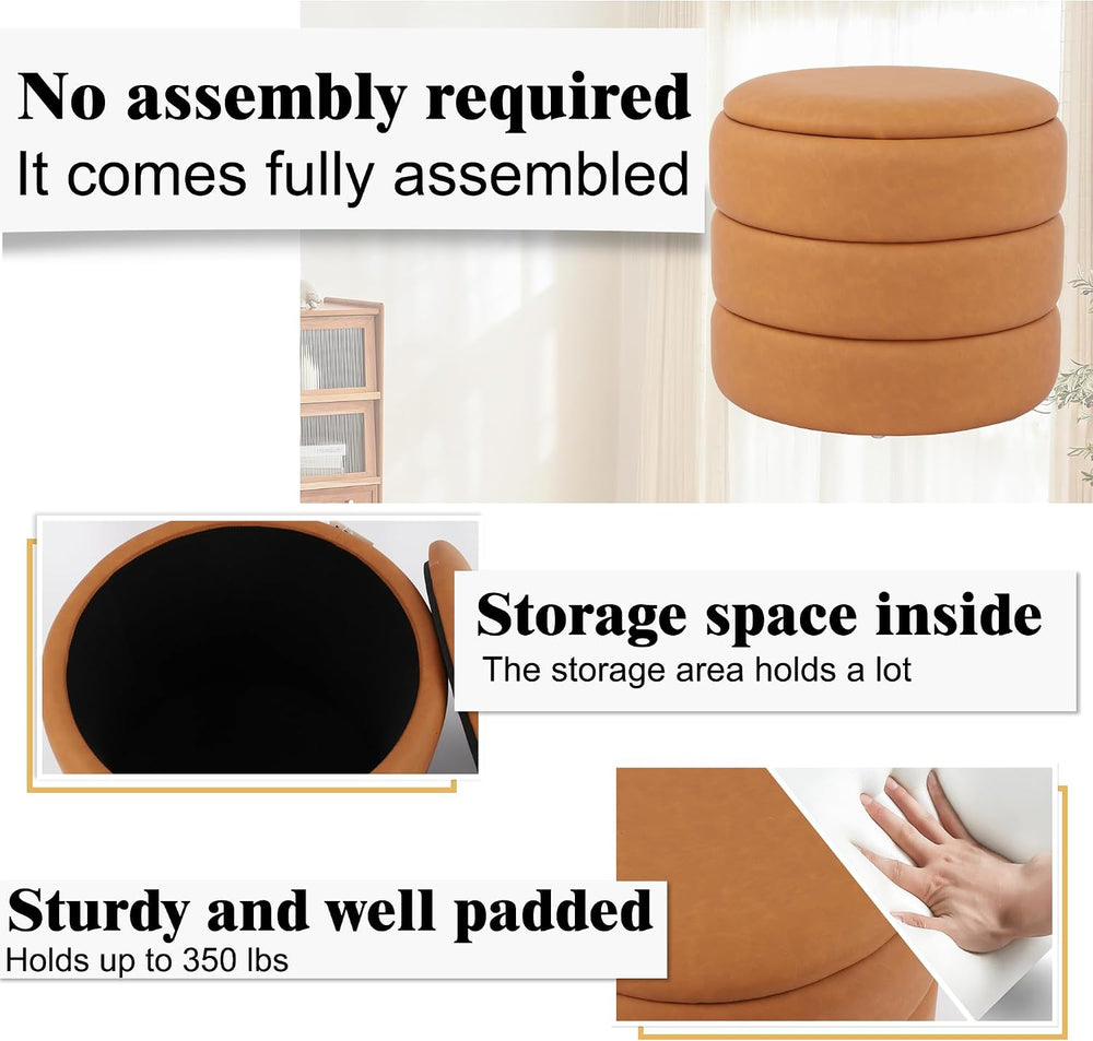 DAGONHIL Round Ottoman with Storage, PU Leather Footrest, Hidden Storage Otto...