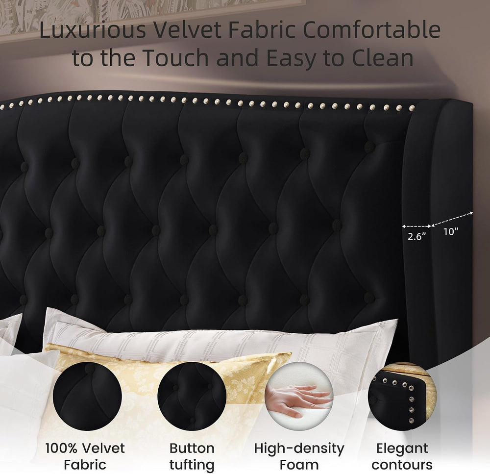 BRELTAM Upholstered King Size Bed Frame Velvet Black Tufted Platform Bed Fram...