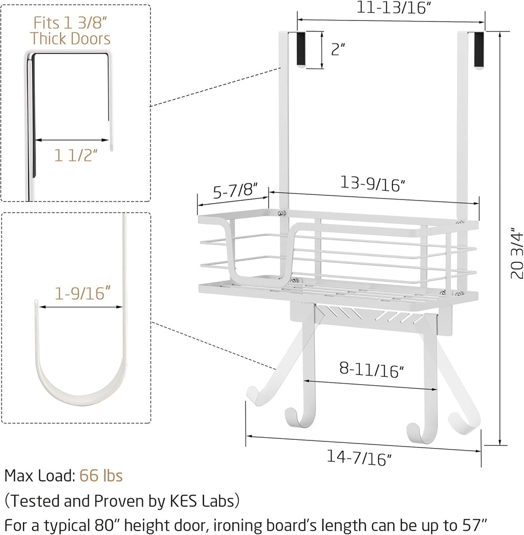 KES Over The Door Ironing Board Holder, Ironing Board Hanger Over Door Organizer with Storage Shelf Y and T Shaped Fits for 1 3/8 Doors White, HIR501A-WH