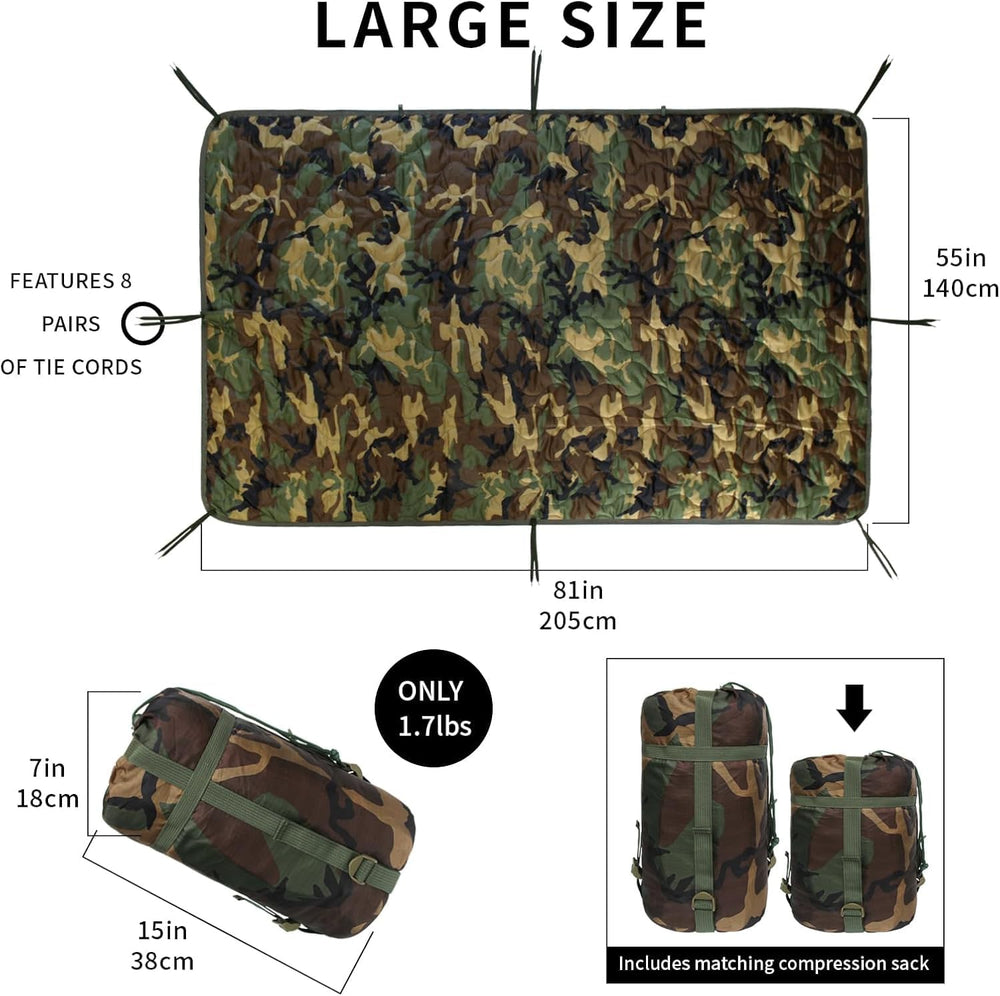 Camo Poncho Liner, Army Blanket, Military Sleeping Bag, with A Compression Ca...